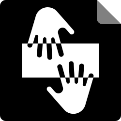 Open to Collaborate Notice icon. Black square with the top right corner folded and two white hands reaching toward each other from top to bottom over a white horizontal rectangle.