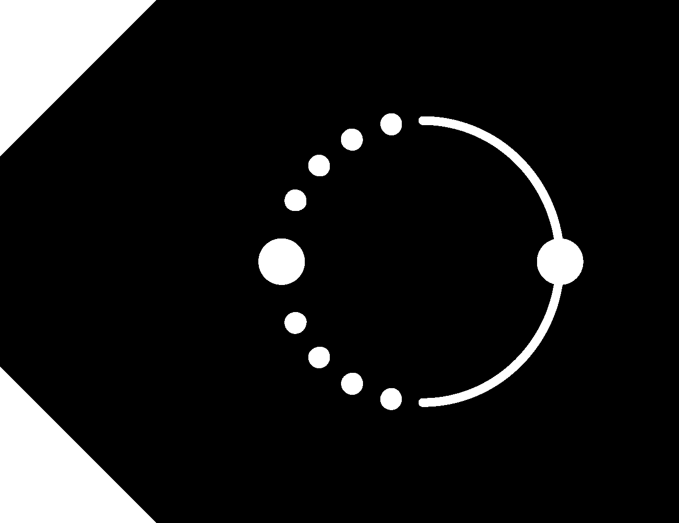 TK Creative Label icon. Black tag shape with a white circle made up of eight small dots on one half, a solid line on the other half, and each half bifurcated with two bigger dots.