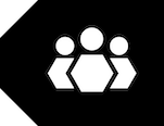 TK Open to Collaboration Label icon. Black tag shape with three white overlapping figures in center made up of hexagons on bottom and circles on top.