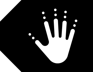 TK Outreach Label icon. Black tag shape with a white hand that has two dots stretching outward from each finger.