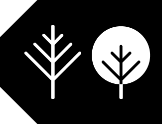 TK Seasonal Label icon. Black background with simple illustrations of a tree with bare branches and another tree with a circle representing leaves.